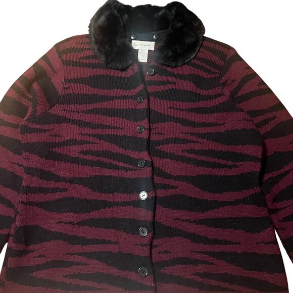 Vintage Graver Studio Maroon Zebra Sweater with Faux Fur Size Large - Picture 3 of 6